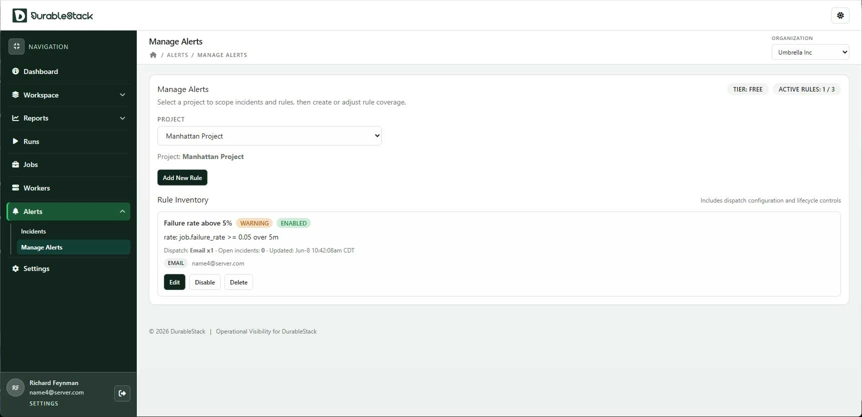 Manage alerts screen